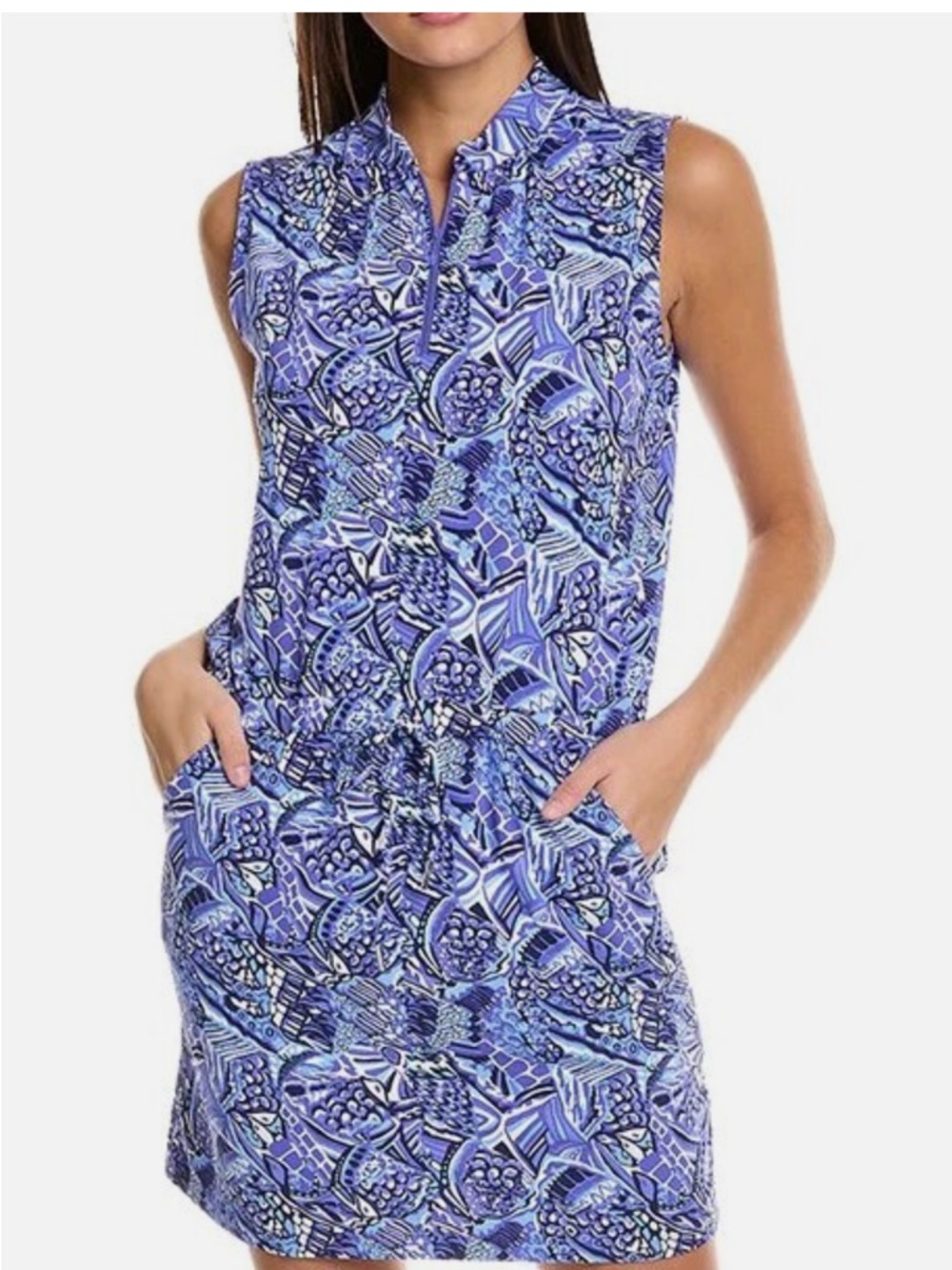 IBKUL Sleeveless Blue Floral Print Drawstring Dress